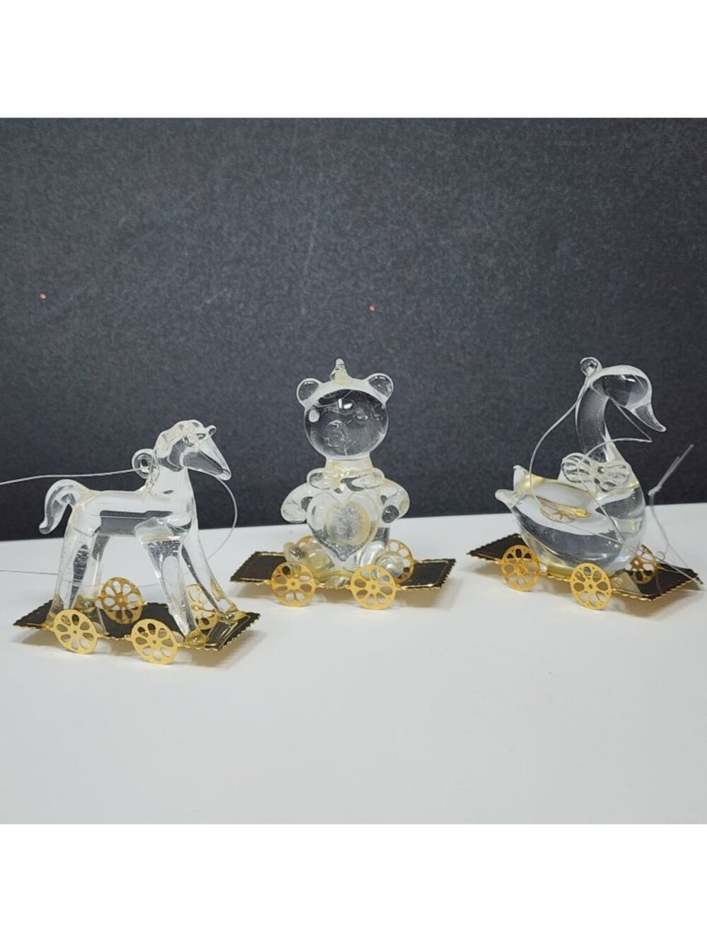 Silvestri Glass & Brass Christmas Ornament Duck Horse Bear on Wheels Cart Vintag